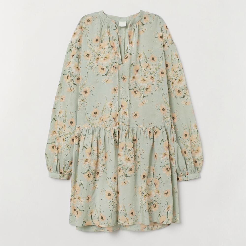 H&M Sunflowers Floral Balloon Sleeve Boxy Relaxed Drop Waist Shift Dress Size 12 - Picture 4 of 9